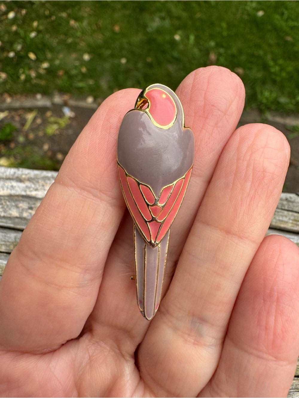 Vintage Pink & Gray Enamel Parrot Pin